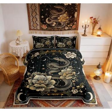 Imagem de Conjunto de edredom gótico jovem, animal místico, lua estrelada, purpurina, exótico, trippy todas as estações, conjunto de cama floral de cobra rústica com flores de lótus 3 peças com 2 fronhas