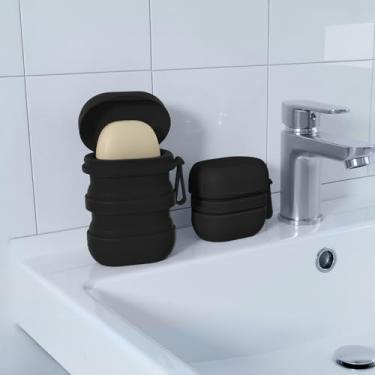 Imagem de Saboneteira de silicone com tampa à prova de vazamento, recipiente de sabão em barra ou dobra plana com camada de drenagem para viagens e hotéis