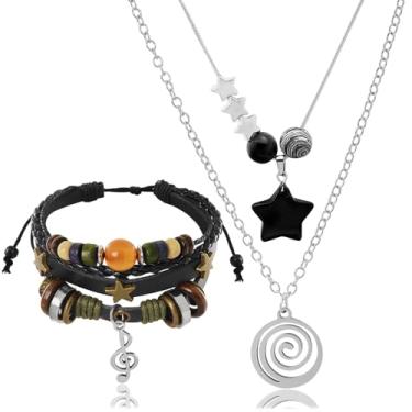 Imagem de Colar de estrela Y2k multicamadas conjunto de pulseiras grunge de fadas artesanais Fairycore Grunge joias góticas redemoinho colar de estrela punk rock roll música guitarra grunge acessórios para