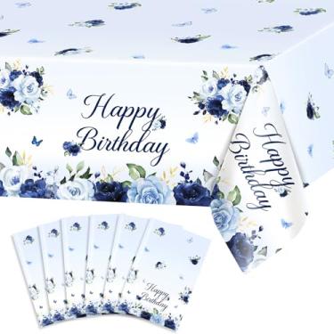 Imagem de Avezano 6 peças de toalhas de mesa azuis de aniversário 274 x 137 cm Nav Floral Decorações de festa de aniversário rosa azul claro capas de mesa descartáveis para mulheres e meninas