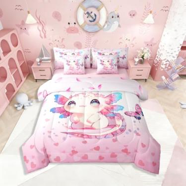 Imagem de Jogo de cama infantil fofo Axolotl 7 peças, cama de flores de cerejeira rosa em uma bolsa, conjunto de cama com borboletas voadoras inclui edredom, conjunto de lençol, fronhas e fronhas, decoração de