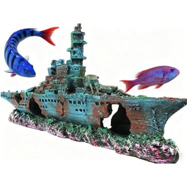 Imagem de Civore Decoração de naufrágio de aquário de resina, ornamento de navio afundado ecológico, decoração de aquário ideal para peixes Betta e tanques de água doce/salgada