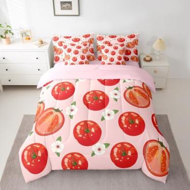 Imagem de jejeloiu Conjunto de edredom infantil fofo de tomate com lençóis, tamanho Queen, divertido vegetal, 7 peças, desenho de casa de fazenda, design de cama em uma bolsa, vermelho grande tomate para todas