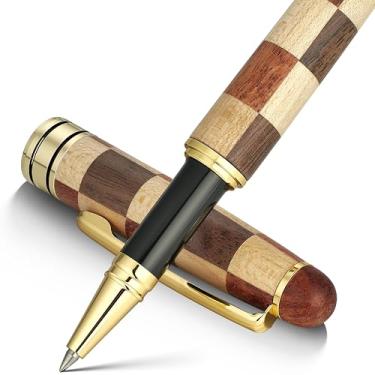 Imagem de BEILUNER Conjunto de canetas esferográficas de madeira de luxo, estilo xadrez – Conjunto de canetas de presente elegante e elegante para materiais de escritório executivos exclusivos – Caixa de