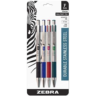Imagem de Zebra Pen. Caneta esferográfica retrátil de aço inoxidável F-301, ponta fina, 0,7 mm, tinta sortida, 4 unidades: preto, azul, verde, vermelho