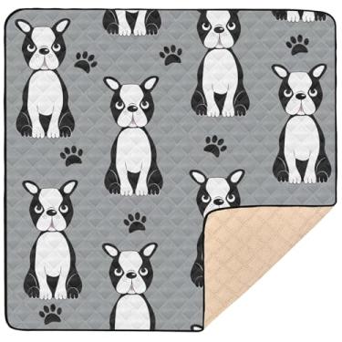 Imagem de Cute Dog Boston Terrier, cinzento, tapete de brincar para bebês no chão, acolchoado, dobrável, tapete para brincar na barriga, 127 x 127 cm