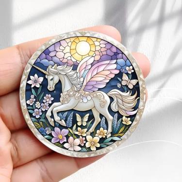 Imagem de Ímã de geladeira vintage design de arte de vitral de unicórnio mítico - adesivo de geladeira redondo acrílico de 5,8 cm, presente de decoração retrô, tamanho perfeito para geladeira, armário ou