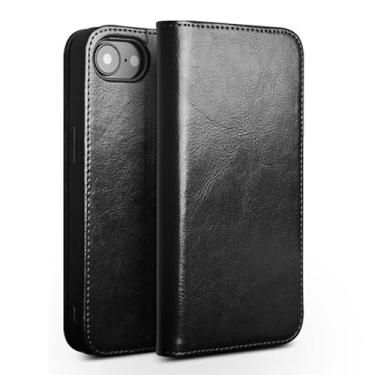 Imagem de FWYANZH Capa de couro genuíno para iPhone 16E, suporte flip com suporte de proteção com tudo incluído, compartimento para cartão, carteira, capa de negócios, preta, 16E