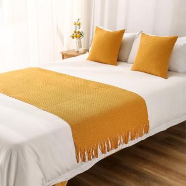 Imagem de Corredor de cama de malha, cobertor de malha com borla, capa decorativa para lençol, sofá de cor sólida para cama de casal e cama king size - amarelo||65 x 180 cm (cama de 1,2 m)