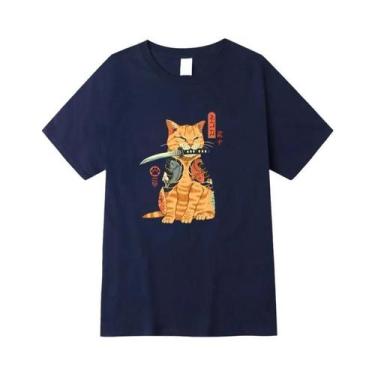 Imagem de Camiseta Masculina 100% Algodão Manga Curta Estampa Cool De Gato Com F