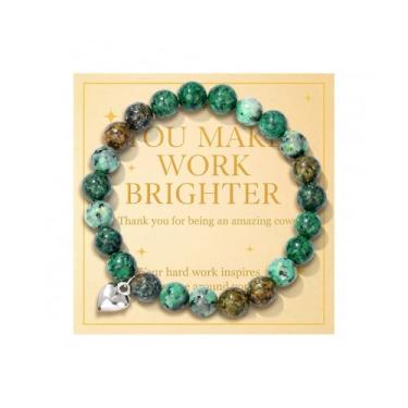 Imagem de Roe Dolph Pulseira feminina com contas de pedra natural, pingente de coração e trevo de lavagem de tinta, presente de agradecimento minimalista para colega de trabalho, joias de amizade de escritório