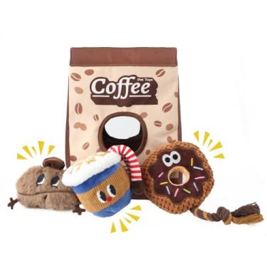 Imagem de Grnstf Conjunto de saco de café Squeaky Dog Toys – Brinquedo de pelúcia 4 em 1 à prova de mastigação com 3 brinquedos para mastigar (feijão/xícara/donut) para mantê-los ocupados, melhor presente de