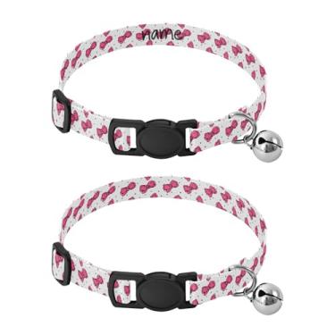 Imagem de SEHANY Conjunto de 2 coleiras de cachorro com laço rosa fofo, fivela de plástico resistente, leve, macia e leve, com sino pequeno, coleiras personalizadas com nome de animal de estimação para meninos