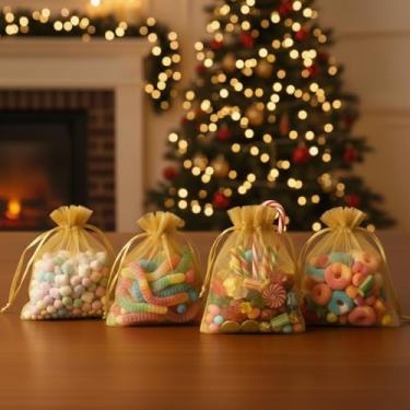 Imagem de 50 peças de sacos de presente de organza com cordão transparente para lembrancinhas de casamento de doces, embalagem de joias, suprimentos de embrulho de presente 9 x 12 cm