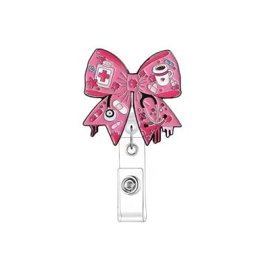 Imagem de Carretel de crachá de laço rosa clipe retrátil para enfermeira, porta-crachá de dia dos namorados com rotação de 360°, clipe giratório de jacaré, fofo, rosa, bandagem, laço, acessórios de