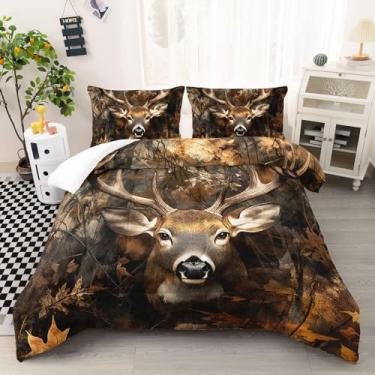 Imagem de AILONEN Conjunto de edredom rústica, veado rústica, tamanho Queen, cabana florestal, para decoração de quarto, conjunto de edredom de animal selvagem, 3 peças, 1 colcha com 2 fronhas, microfibra macia