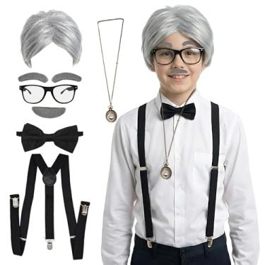 Imagem de Carreuty Fantasia de velho para crianças, fantasia de 100 dias de escola para meninos, acessórios de fantasia de avô, com óculos, relógio, gravata borboleta, suspensórios, sobrancelhas, bigode