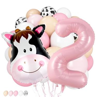Imagem de Decorações de 2º aniversário para meninas, balões de vaca, rosa 2 balões número 101 cm, rosa creme bege balões brancos para decorações de festa de aniversário de vaca de fazenda