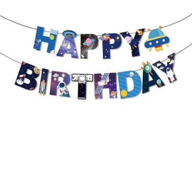 Imagem de Banner de feliz aniversário de astronauta, guirlanda de cartolina galáxia espacial, montagem "faça você mesmo", decorações de festa no espaço sideral para crianças, pano de fundo ajustável para mesa