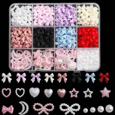 Imagem de Kit de pinos de arte de unha, 12 grades 8 cores 3D rosa mix branco estrela coração lua joias de unhas fofas para decoração DIY