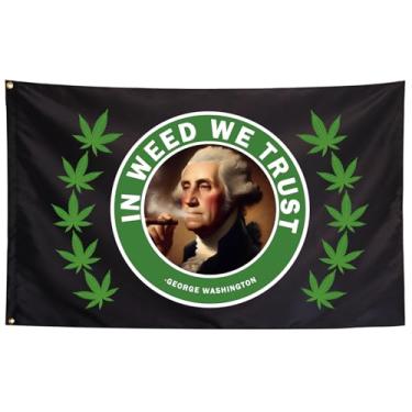Imagem de ZKflager In Weed We Trust Bandeiras engraçadas com citação para quarto rapazes meme bandeiras legais George Washington Banner 9,5 x 1,2 m faculdade dormitório quarto parede homem caverna meninas