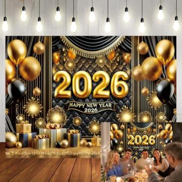 Imagem de Feliz Ano Novo 2026 pano de fundo preto dourado balões fogos de artifício ano novo fotografia fundo Olá 2026 véspera de Natal decoração festa família banner suprimentos (20 x 1,8 m)