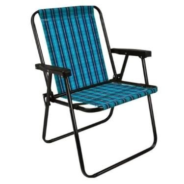 Imagem de Cadeira De Praia Em Aço Preto Tecido Xadrez Retro Para Jardim Piscina Camping Lazer Resistente Mor(Xadrez Azul,Unidade)
