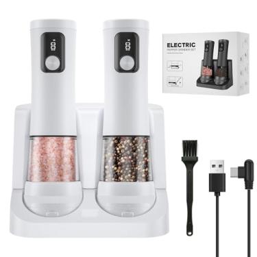 Imagem de Conjunto de 2 moedores elétricos de sal e pimenta, moedor de pimenta automático recarregável, com base de carregamento, 5 níveis, monitor, iluminação LED, grande capacidade, presente de cozinha (2