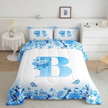 Imagem de jejeloiu Conjunto de edredom solteiro com letras azuis e flores, para crianças, adolescentes, meninas, mulheres, personalizado, ultramacio, moderno, moderno, edredom floral, rosa, borboleta, monograma