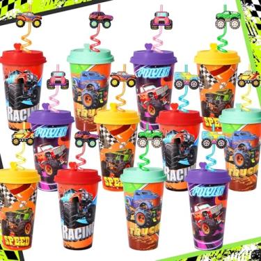 Imagem de Lidmada 24 conjuntos de copos de lembrancinhas de festa de caminhão monstro com tampas e canudos para mini caminhões, decorações de aniversário, sacolas de presente de brindes, suprimentos de pinhata