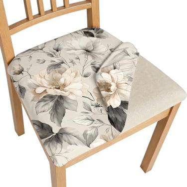 Imagem de BVBOX Conjunto de 4 capas de assento para cadeiras de sala de jantar elásticas multiestilos capas de cadeira de jantar laváveis removíveis protetores de assento (flor cinza creme, conjunto com 4)