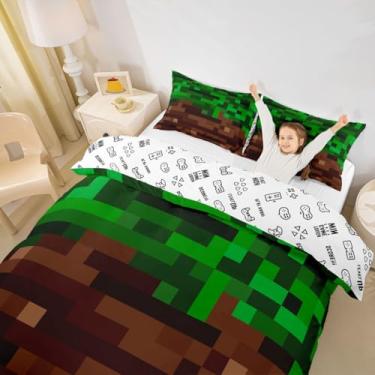Imagem de Jogo de cama Pixelated Blocks Miners, jogo de videogame, gamepad, capa de edredom para crianças, geométrico, patchwork, verde, marrom, decoração de quarto de meninas, meninos, com 1 fronha (sem