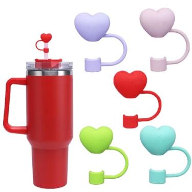 Imagem de 5 peças de cobertura de palha de coração para copos Stanley 30 e 1,134 g, acessórios de copo de silicone para Dia dos Namorados, tampas de palha reutilizáveis para canudos Stanley Cup 10 mm 1 cm