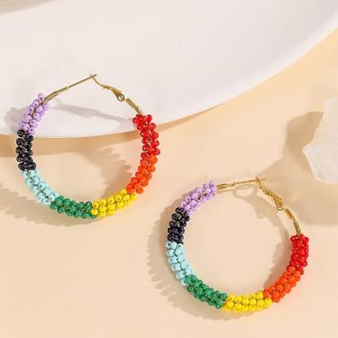 Imagem de Brincos femininos de argola com contas coloridas, feitos à mão, contas de semente de vidro, boêmio, arco-íris, hippie, presente leve para festivais, Large, Metal Vidro, não