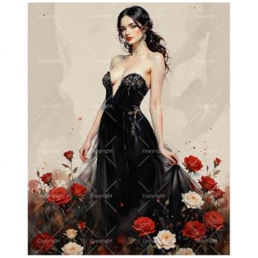 Imagem de Kit de pintura por números de ilustração de moda para adultos - DIY mulher em vestido preto com pintura de rosas em tela 40 x 50 cm, conjunto de tinta acrílica, adequado para iniciantes, arte elegante