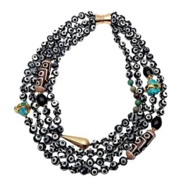 Imagem de DWBPGVUN 4 fileiras 14 x 45 mm Dzi Ágata 22 x 21 mm Colar com pedras preciosas, vários fios, gargantilha