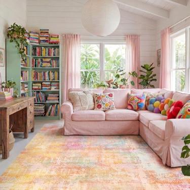 Imagem de Kokia Tapetes abstratos 20 x 25 cm, macios para sala de estar, laváveis, envelhecidos, vintage, confortável, rosa, laranja, com suporte antiderrapante para decoração de quarto de casa de fazenda