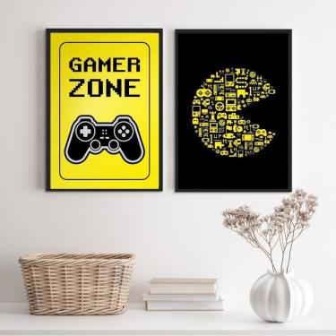 Imagem de Kit 2 Quadros Gamer Preto/Amarelo 45x34cm Madeira Branca