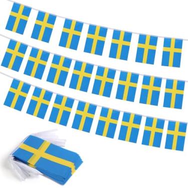 Imagem de Bandeira da Suécia, pequenas mini bandeiras suecas decoração patriótica para festa, sala de aula, eventos esportivos, 90 metros e 30 bandeiras