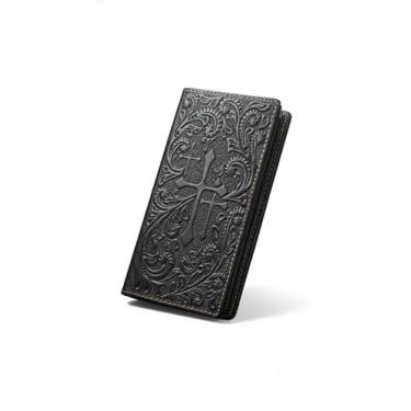 Imagem de Carteira masculina de couro longa ocidental – Design de cruz em relevo feito à mão, carteira dobrável de caubói rodeio, carteira fina para cowboys e rancho, Preto, Carteira Western