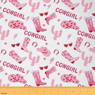 Imagem de Tecido decorativo Cowgirl por jarda, laço rosa, botas ocidentais, tecido estrelado para estofados e projetos de bricolage em casa, tecido tribal Texas Star Horseshoe Cactus ao ar livre, 1 jarda 91 cm