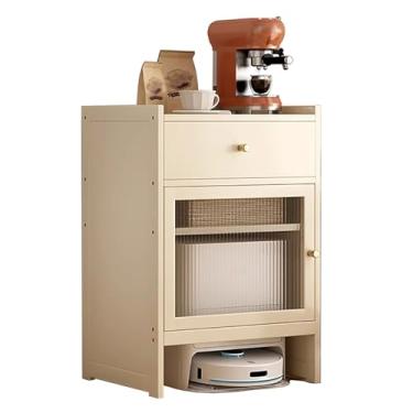 Imagem de Suporte organizador de madeira para aspirador de pó robótico - Rack de armazenamento oculto com portas de acrílico, mesa de cabeceira e mesa lateral para cozinha e sala de jantar.