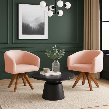 Imagem de Poltrona Sala Base Giratória Madeira Kit 2 Arielle Veludo Rosê D03 - D'rossi