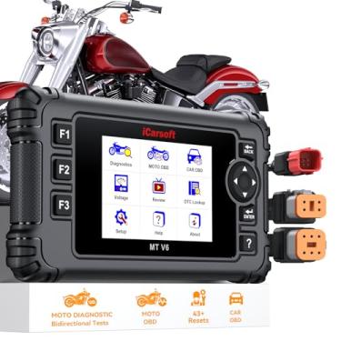 Imagem de iCarsoft Ferramenta de diagnóstico de motocicleta MT V6 para Harley, 57 serviços de redefinição, 43 testes de atuação, teste de bateria, diagnóstico de todos os sistemas de motocicletas, leitura