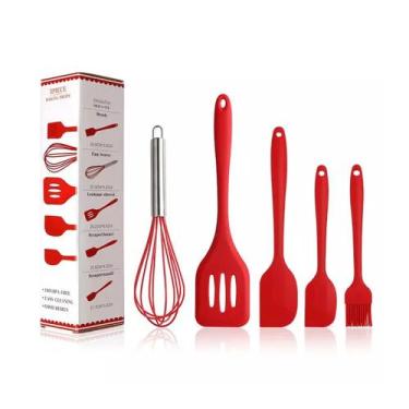 Imagem de Kit 5 Utensílios de Cozinha Silicone Batedor Inox Espátula Pincel Mult