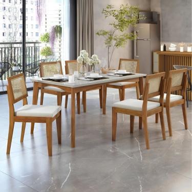 Imagem de Conjunto Sala de Jantar Mesa 160cm com Tampo de Vidro Monalisa com 6 Cadeiras Rainha Nesher - Mel/Off White