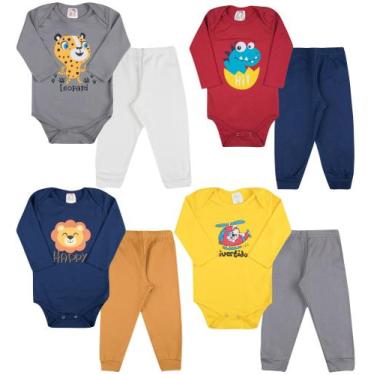 Imagem de Kit Body Bebê Estampado Manga Longa e Calça Mijão com 8 Peças para Beb