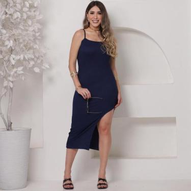 Imagem de Vestido Midi Canelado com Fenda - Único - Sem marca, Marinho, Único