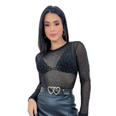 Imagem de Body Blusa Manga Longa Tule Pedraria Brilho Strass Festa - Swiss Bouti