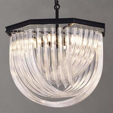 Imagem de TOCHIC Lustre Preto Estilo Fazenda, Lustre De Vidro Octogonal De 4 Camadas Para Sala De Estar, Lustre Moderno Para Mesa De Jantar, Luminária De Teto Suspensa Para Sala De Jantar, Quarto, Hall De En